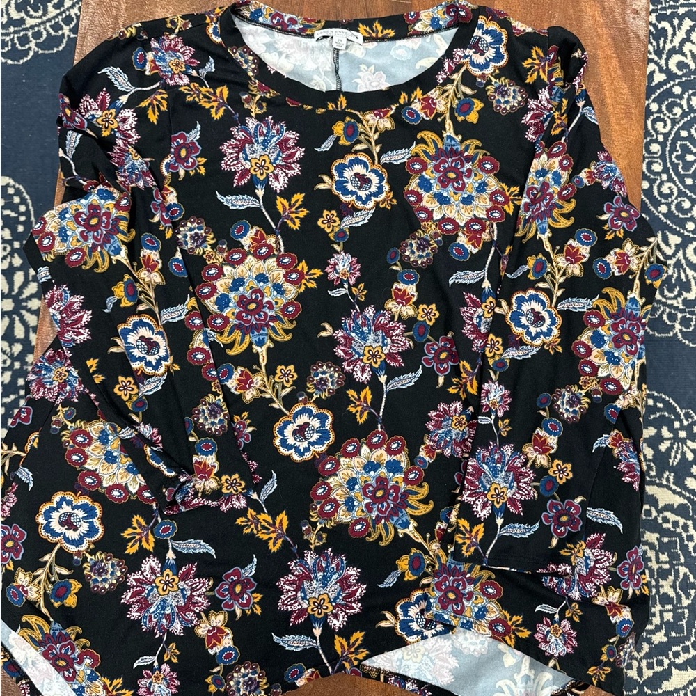 Green Envelope Blouse Black Floral 3/4‎ Length Sleeve Boho Women’s Size 2X - Picture 2 of 6